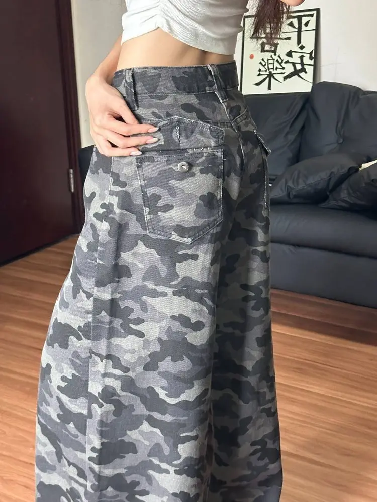 أنيقة أنيقة الأمريكية البضائع كامو مستقيم الساق السراويل النساء خمر عالية الخصر واسعة الجينز فضفاضة تناسب التخسيس الطابق طول الدنيم #5