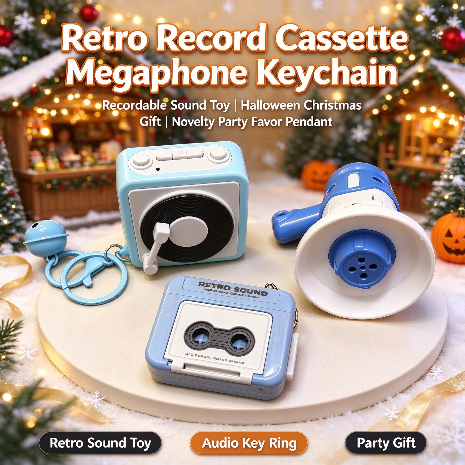 Retro Record Cassette Megaphone Keychain, Recordable Sound Toy, Halloween Christmas Gift, Novelty Party Favor Pendant