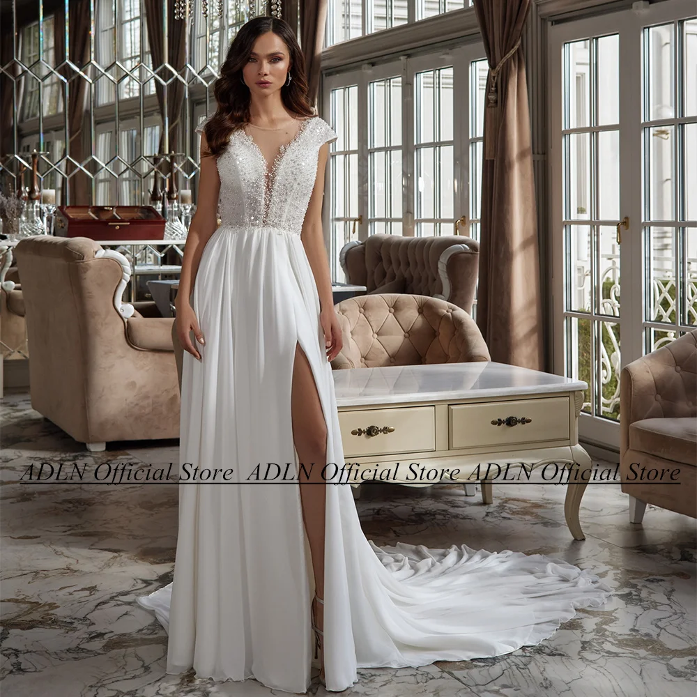 

Sexy Boho Wedding Dress Bridal Gown Cap Sleeve V Neck Beadings Pearls Court Train Chiffon A Line Bride Dresses Vestido De Noiva