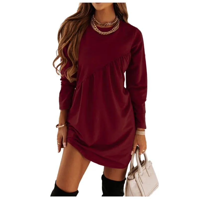 Autumn And Winter New Solid Color Long Sleeved Irregular Round Neck T-shirt Dress Women\'s Pullover Casual Versatile Mini Skirt