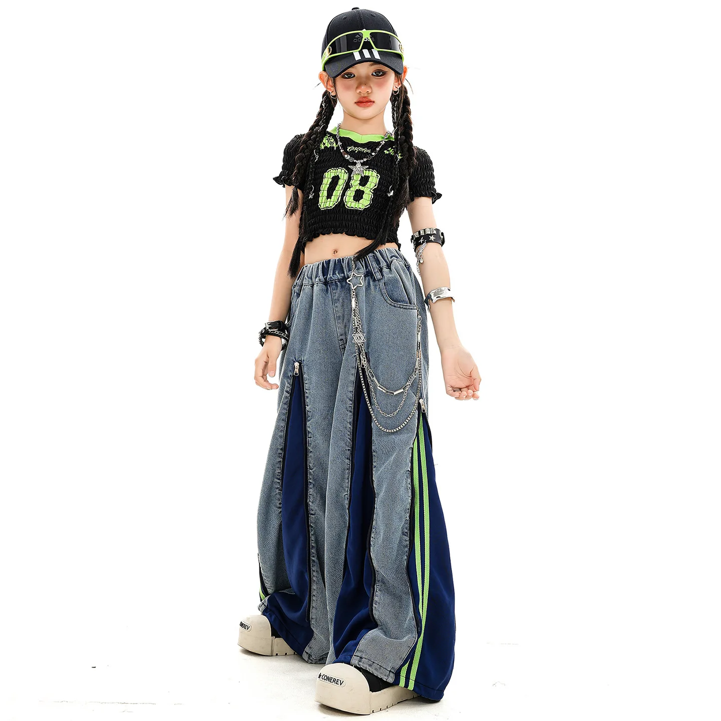طفل Kpop الهيب هوب الملابس السوداء التجاعيد المحاصيل تي شيرت الدنيم الأزرق الشارع البريدي الجينز بنطال ذو قصة أرجل واسعة لفتاة أزياء رقص الملابس