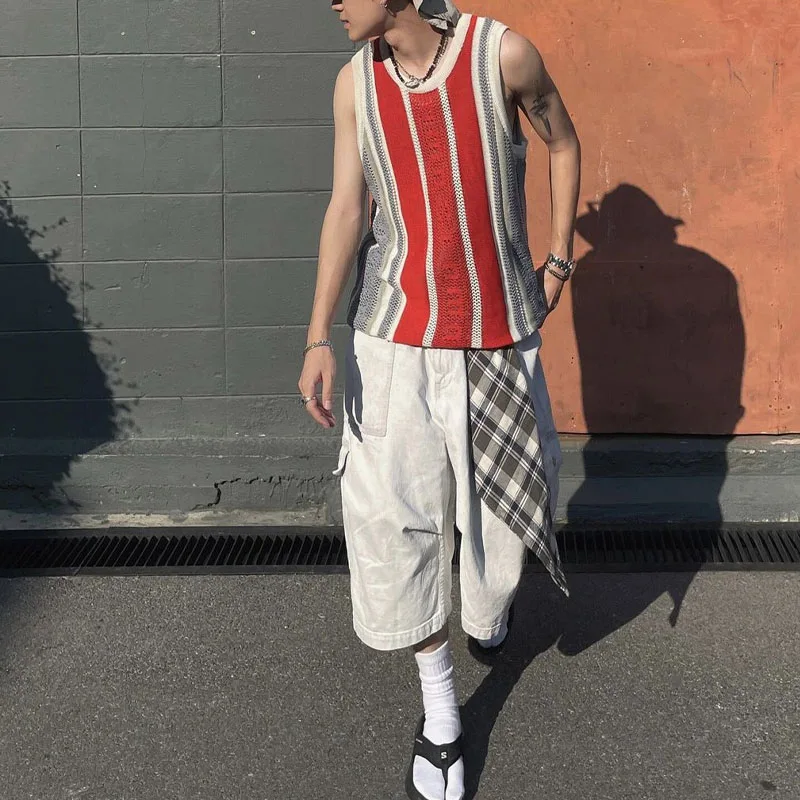 Summer Thin Style American Style Vintage Contrasting Colors Stripe Vest High Street Hollowing Out Knitting Men Loose Casual Tops