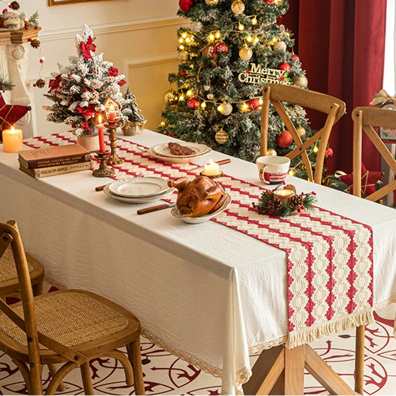 

Christmas Party Decorations Cotton Linen Xmas Tablecloths Christmas Table Runner Holiday Red Green Table Flag Dining Table Cover