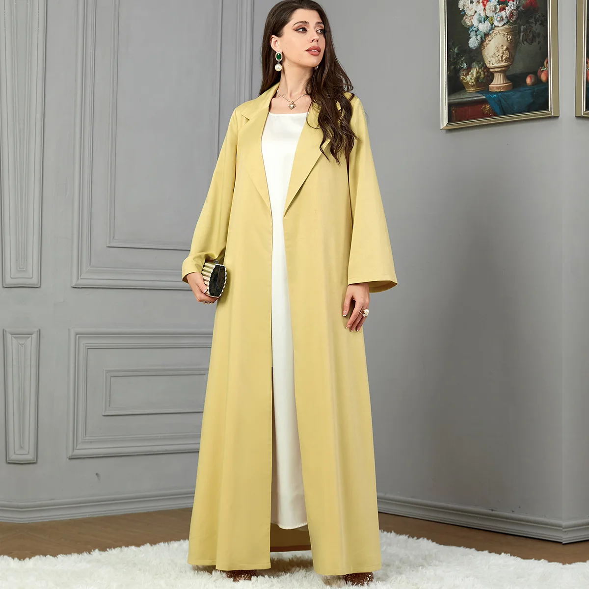 3799 Arab 2023 Autumn/Winter Yellow Polo Collar Coat Women's Fashion Long Sleeve Outer Coat