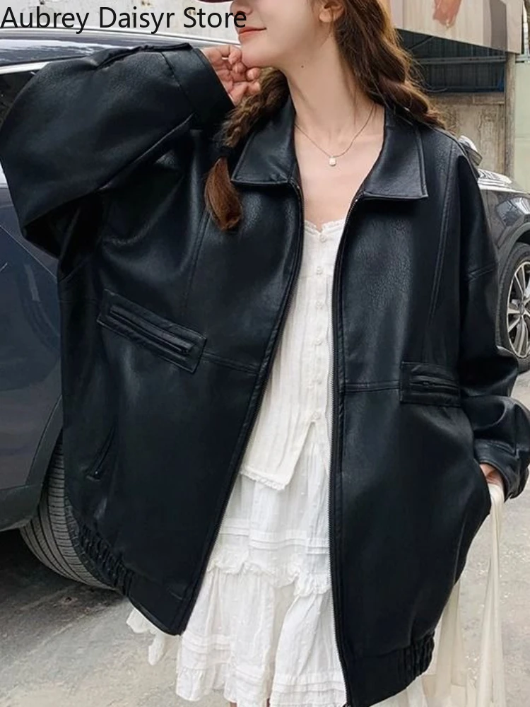 Preto vintage longo jaqueta de couro feminino punk motobiker zíper jaqueta de couro verão alta rua solta causal jaqueta de couro 2025
