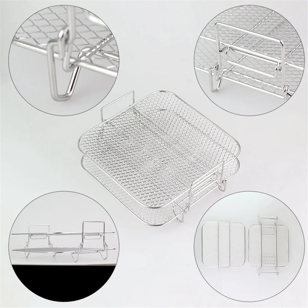 A86I-Stainless Steel Air fryer Pot Double Layer Rack Versatile Square Roasting Grill Air fryers Holder 5QT/5.7QT/6.8QT