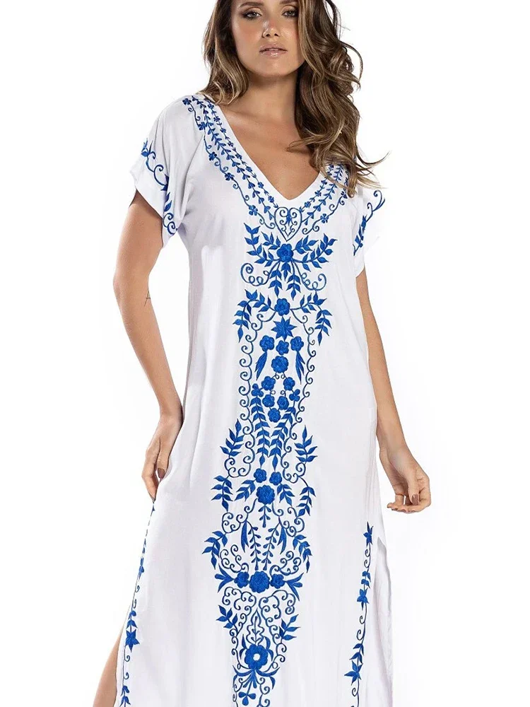 Cover-up Caftan Maxi Dress 2024 Robe De Plage Embroidery Beach Cover Up Women Kaftan Dress For Women Pareo Tunic For Swimwear