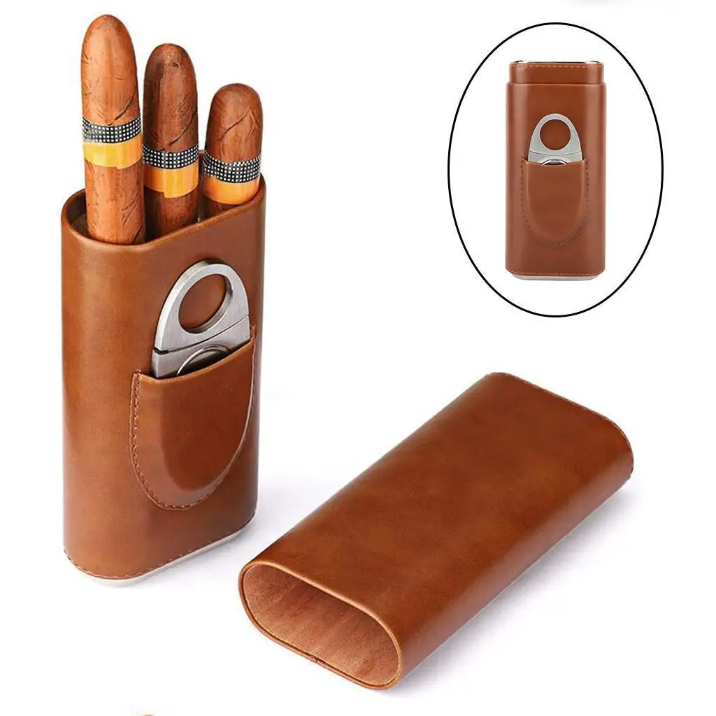 Leather Cigar Case Tube Travel Holder 3 Tube Cutter Brown