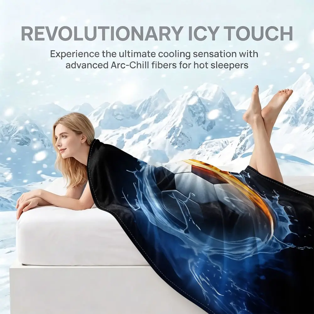 Cooling Summer Throw Blanket QMAX 0.3 Ice Cool Touch Fire Water Soccer Ball Print Moisture Wicking Air Condition Sofa Bed Decor