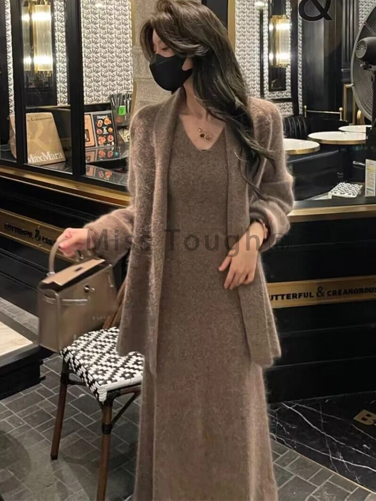 2023 Winter Maillard Fashion Knit Two Piece Set Women Solid Korean Style Vintage Midi Sweater Dress Suit Female French Chic Suit