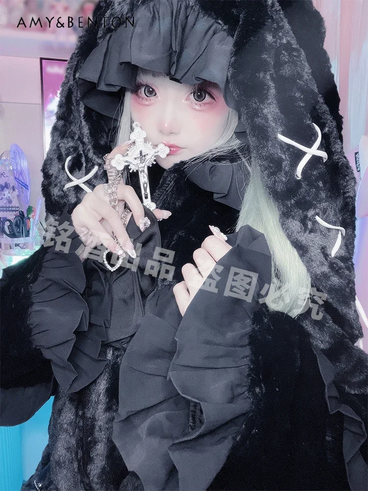 Y2K Subculture Mine Mass-produced Rabbit Ear Hooded Plush Jacket Winter New Japanese Sweet Cute Bow Flare Sleeve Oversized Coat