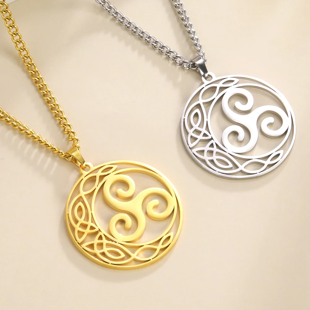 Dawapara Triskele Celtic Symbol Necklace Triskelion Triple Spiral Trinity Knot Crescent Moon Pendant Stainless Steel Jewelry