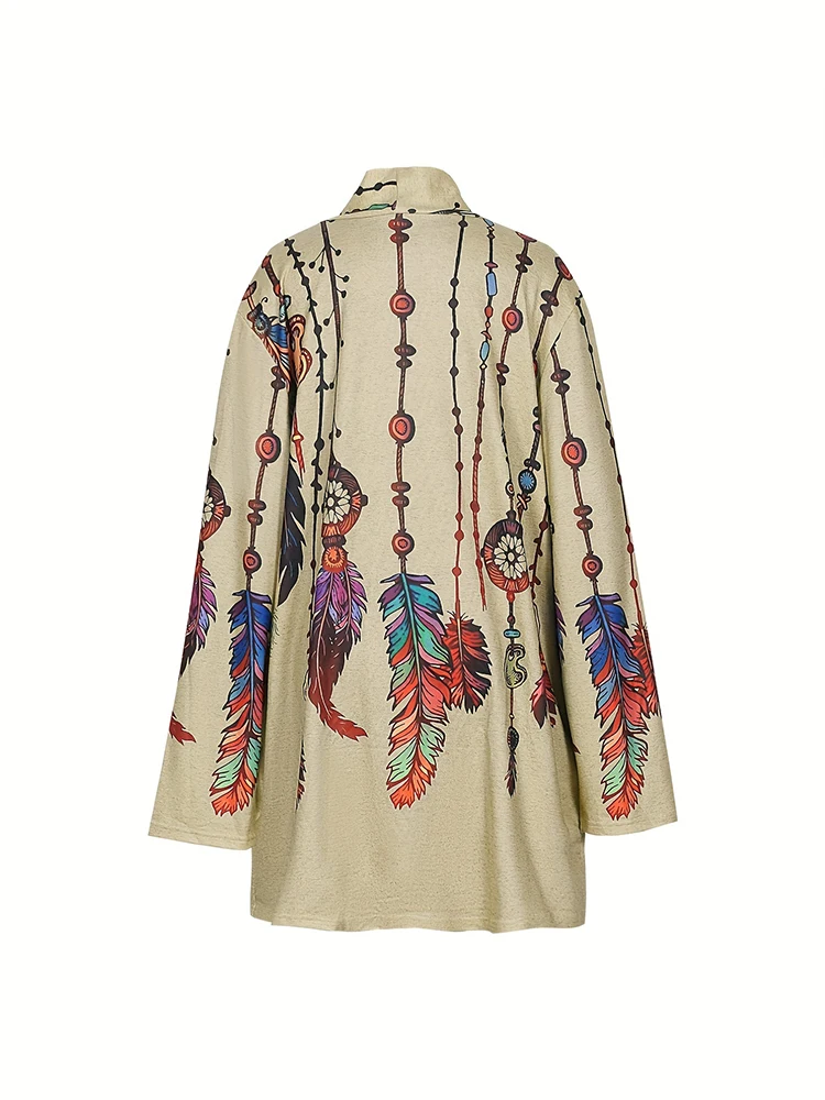 Plus Size 2024 Autumn New Women\'s Fashion Long Sleeve Retro Feather Print Jacket Cardigan Casual Loose