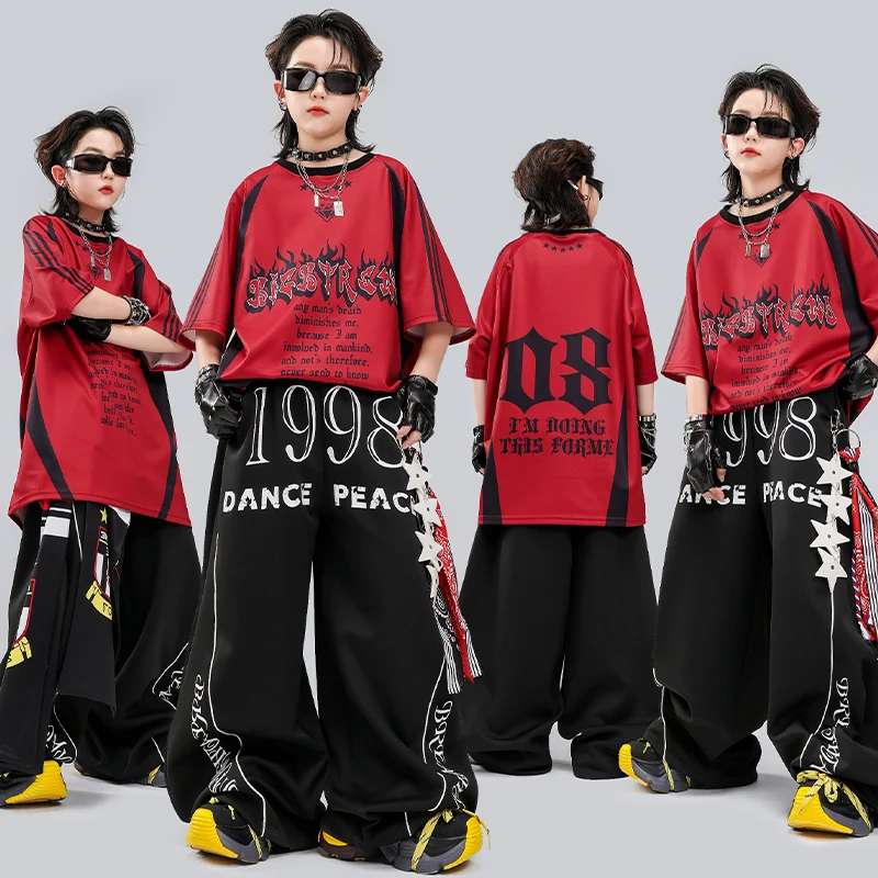 

Kids Hip Hop Outfits Red Black Graphic T-Shirt Baggy Pants 2 Piece Set for Boys Girls Streetwear Dance Performance Stage Costume