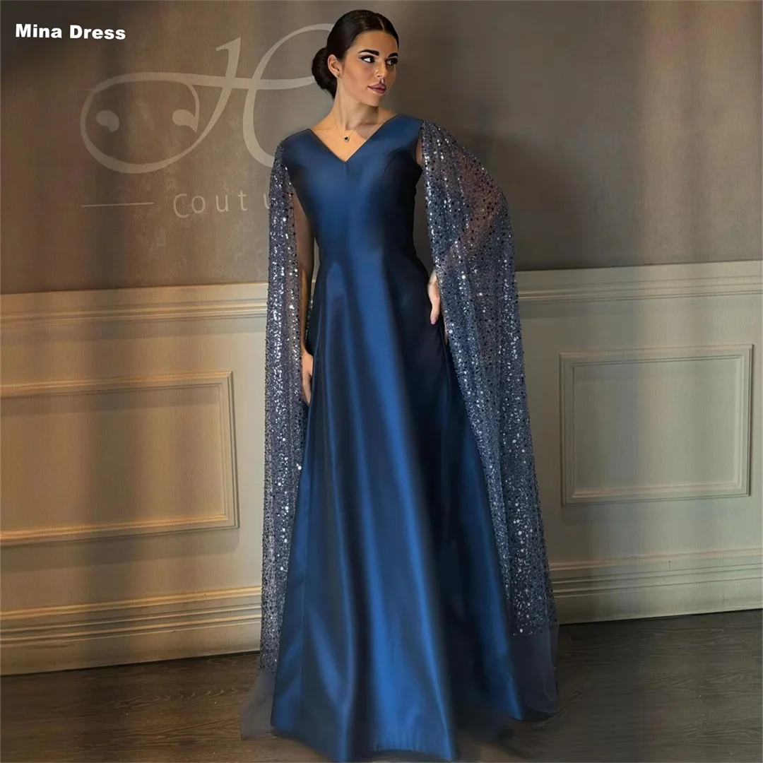 

Mina Customized Blue Sequin V-neck Sleeveless Long Dresses Wedding Dress Women's Evening Dress Elie Saab Trendy Dresses 2026