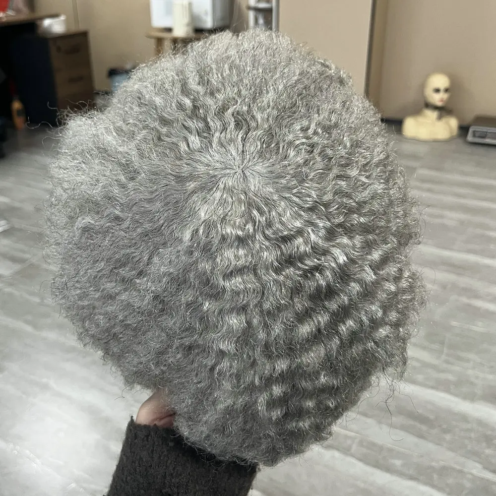 10mm Afro 360 Wave Braun-Schwarz Herren Lockige Frisuren Langlebiges Vollhaut-Toupet 1b80 Grau Echthaar-System Haarersatz – Detail 3