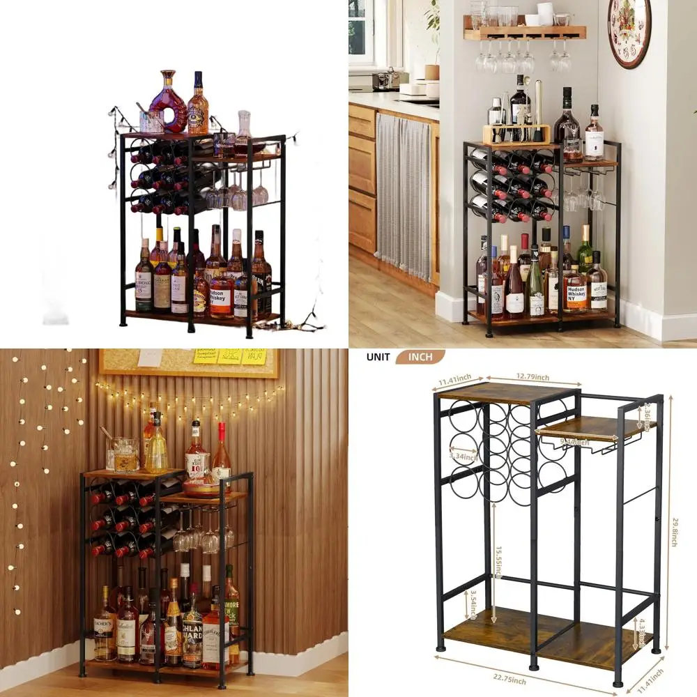 

9-Bottle Capacity Home Bar Cabinet, Floor Standing Wine Rack with Glass Holder and Fences, Large Corner Liquor Display Cabinet