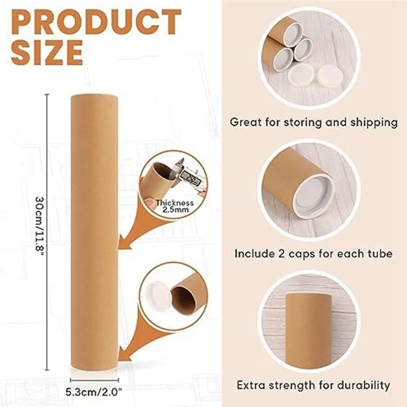 AF91-12PCS Mailing Tubes 2X12 Inch Cardboard Mailers Tube Poster Tube With Caps For Packaging Posters For Mailing