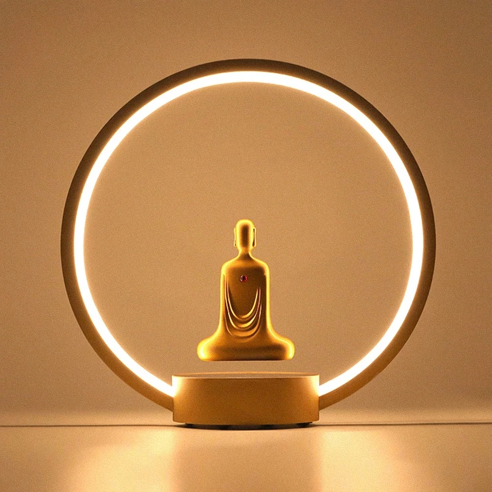 

Magnetic Levitation Gold-plated Faceless Buddha Auto Rotation LED Luminous Ring Smart Lamp Zen Meditation Buddha Statue Ornament