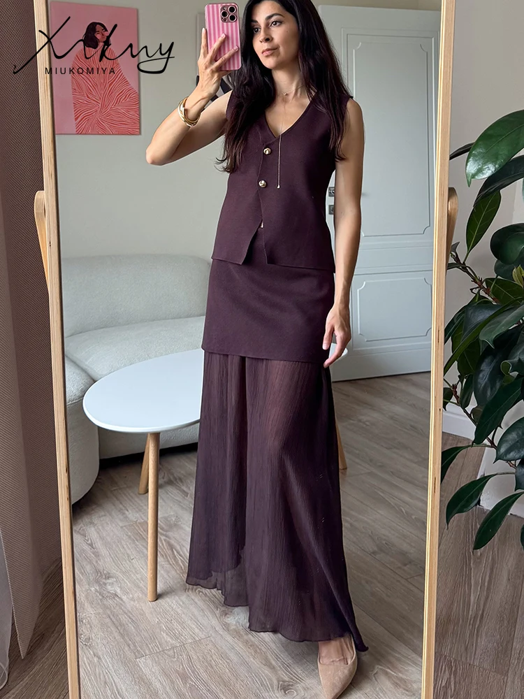 Brown Vest With Skirt Sets Two Pieces Solid V-Neck Sleeveless Tank And Skirt Set Navy Knitted Suits Woman Sets Skirt Patchwork