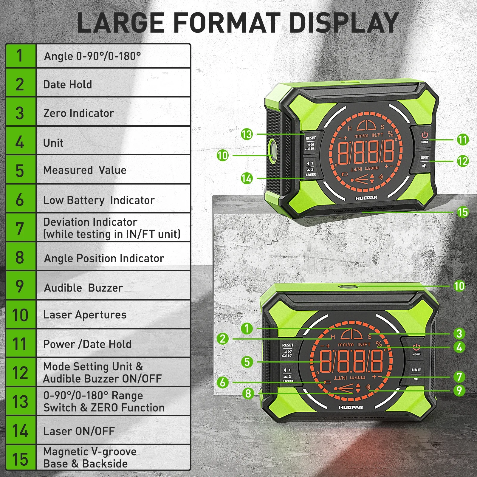 Huepar Laser Level with Digital Angle Gauge 3-in-1 Electronic Table Saw Angle Finder Protractor Inclinometer Woodworking Tools