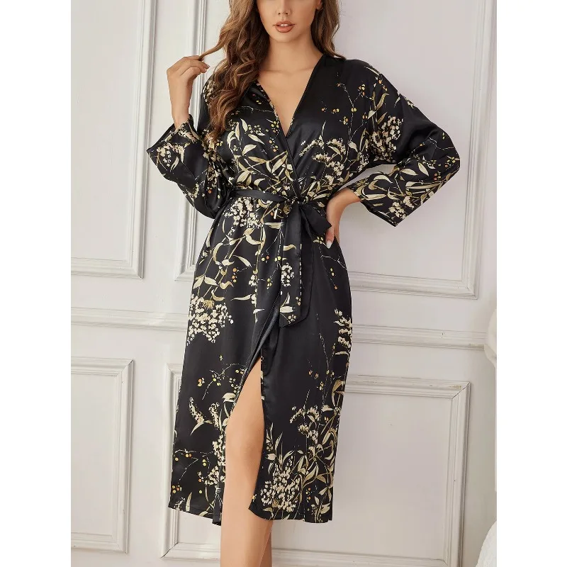 Women's Elegant Silk Robe Floral Print Loose Fit Long Sleeve Breathable Loungewear All-Season