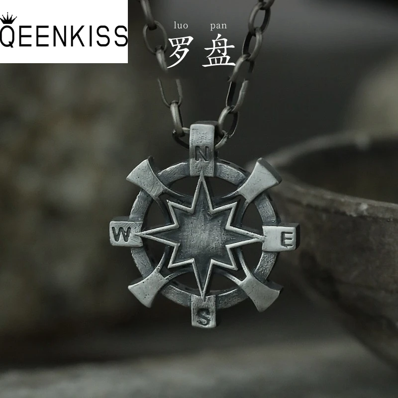 

QEENKISS 925 Sterling Silver Vintage Compass Necklace Pendant For Men Party Birthday Wedding Christmas Boy Father Gifts PT632