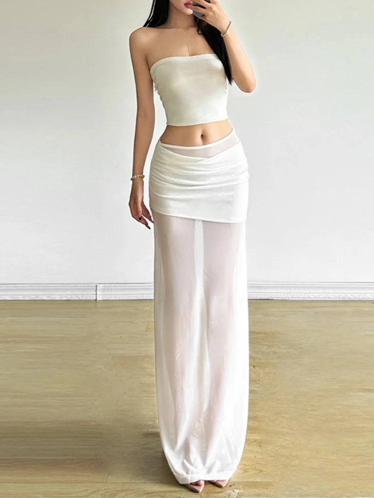

Transparent Mesh Long Skirts For Women Evening Party Outfit Solid Colr Falda Sexy Mujer Y2k Clothes A Line Jupe Longue Femme