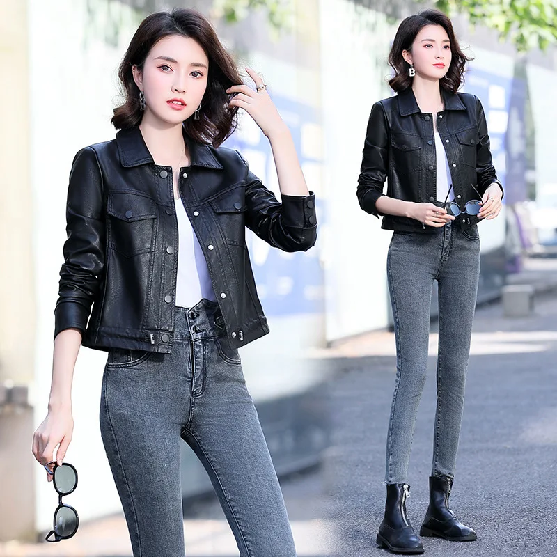 Leather jacket for women's fashionable lapel short jacket, new single breasted sheep leather jacket for spring and autumn 2024,