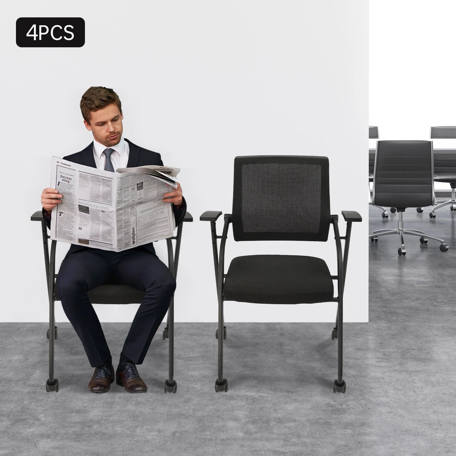 4 قطع كراسي مؤتمرات قابلة للطي للكتابة مع لوحة طاولة وكرسي مكتب الموظفين وكراسي غرفة الاجتماعات