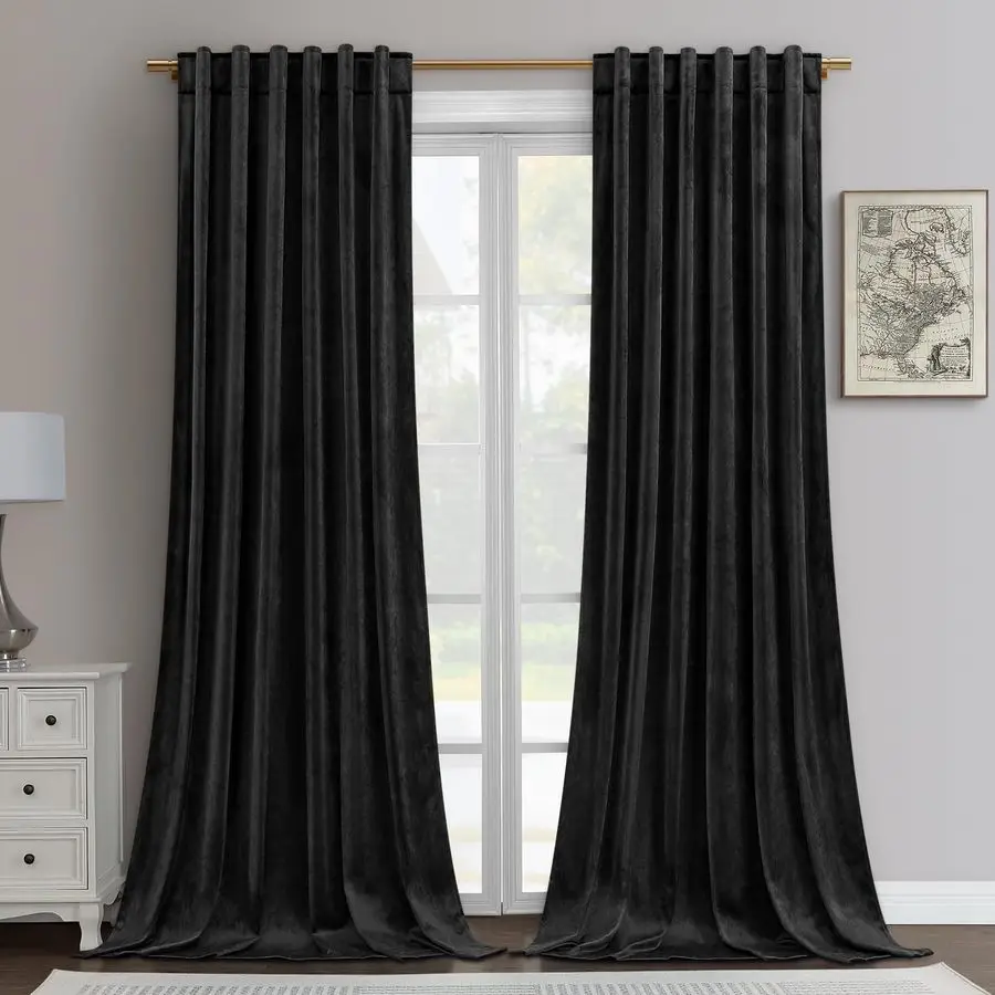 

Black Velvet Blackout Curtains, 52 X 96 Inches Soft and Thick Room Darkening Thermal Insulated Pocket Back Tab Window Drapes for