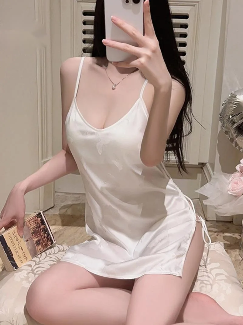 Casaul 실키 새틴 스위트 버터플라이 프린트 핫 스트랩 스플릿 가더드 체스트 패드 나이트드레스 홈웨어 솔리드 컬러 드레스 우아한 5Z0U