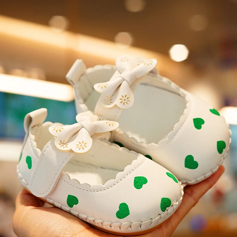 Baby Girl Cute Princess Shoes Heart Print Big Bowknot Non-Slip Soft Sole Adorable Leather Shoes