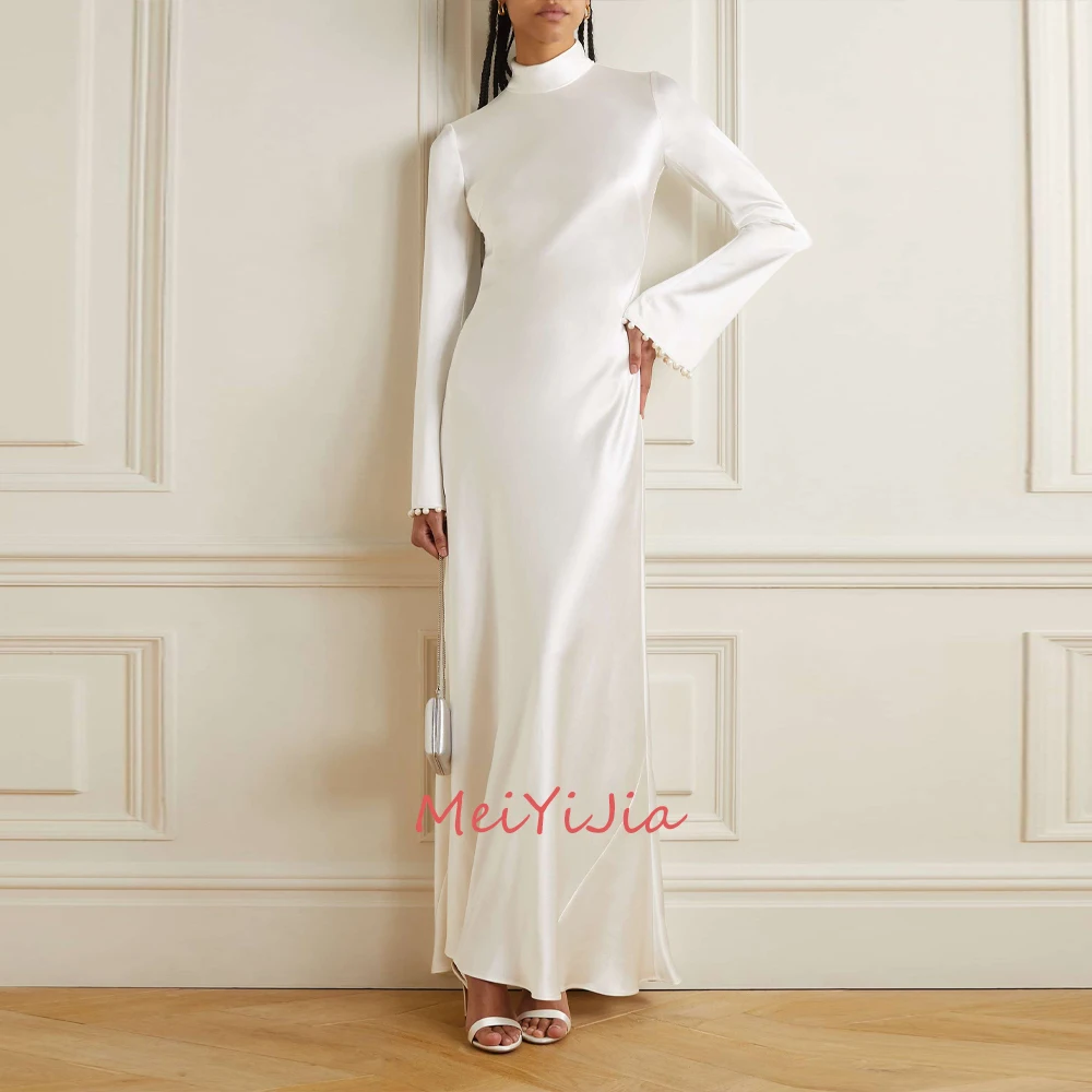 

MeiYiJia High-Neck Long-Sleeves Satin Simple Zipper-Up Ankle-Length Saudi Arabia Sexy Evening Birthday Club Outfits Summer 2024