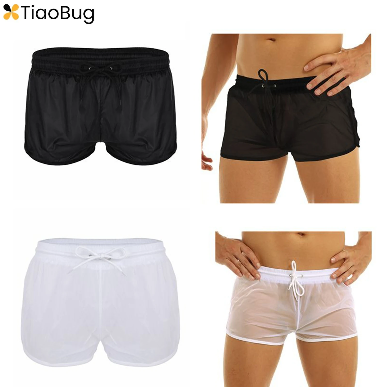 

Mens Sexy See Through Boxer Shorts Panties Soft Drawstring Lightweight Loose Shorts Underwear Club Sleepwear Swimming Homewear