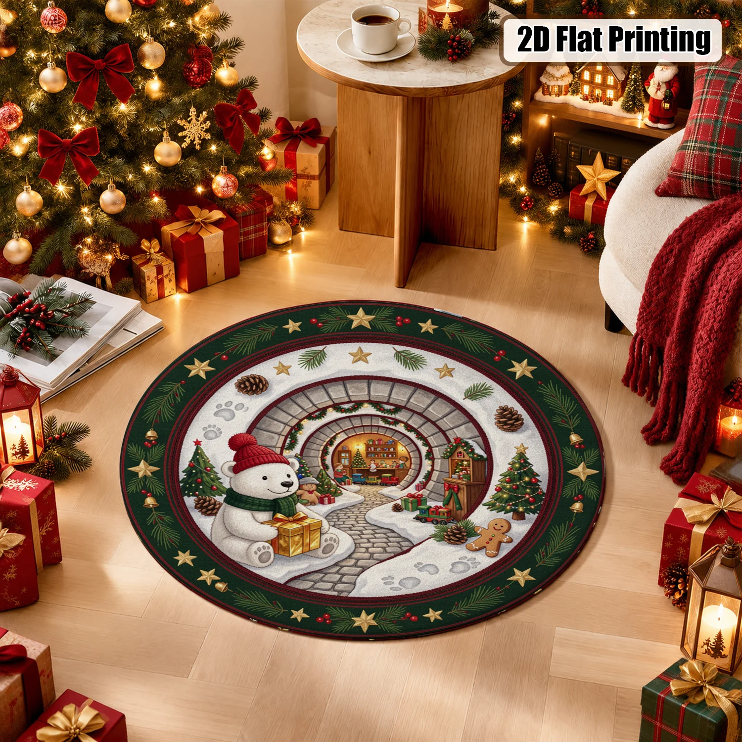 Christmas Polar Bear Gingerbread Man Winter Tunnel Round Pattern Velvet Rug Machine Washable for Living Room Bedroom Dining Room Entryway Great for Halloween Thanksgiving Black Friday Cyber Monday Christmas New Year