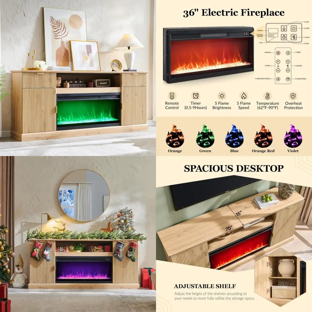 Modern 80-Inch TV Stand with 36 Electric Fireplace, High-End Entertainment Center featuring Wood Media Console and Storage Drawe