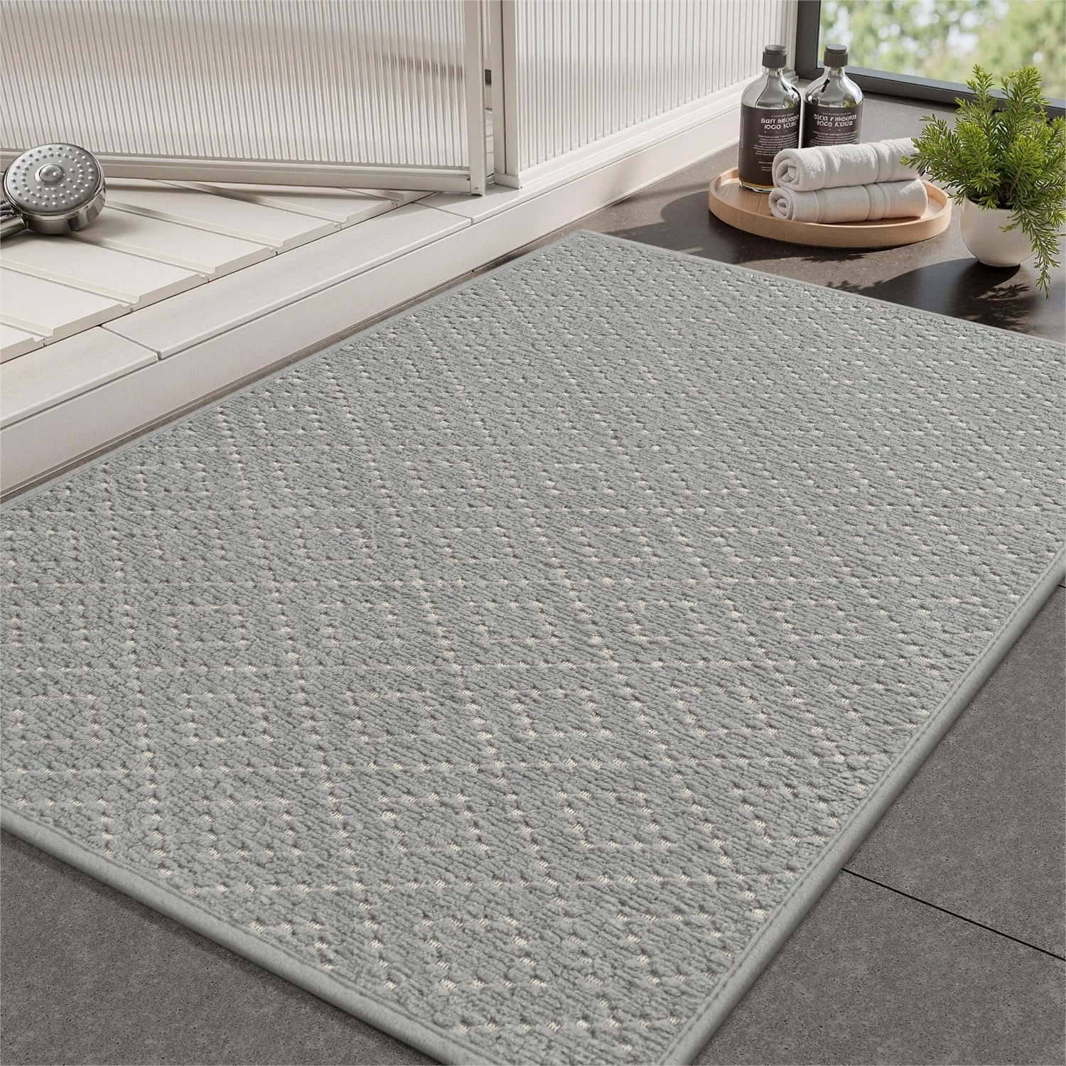 

Super Absorbent Chenille Bath Mat, Non Slip Rubber Backed Bathroom Rug Quick Dry, Thin Low Pile Shower Rug Fit Under Door, Grey