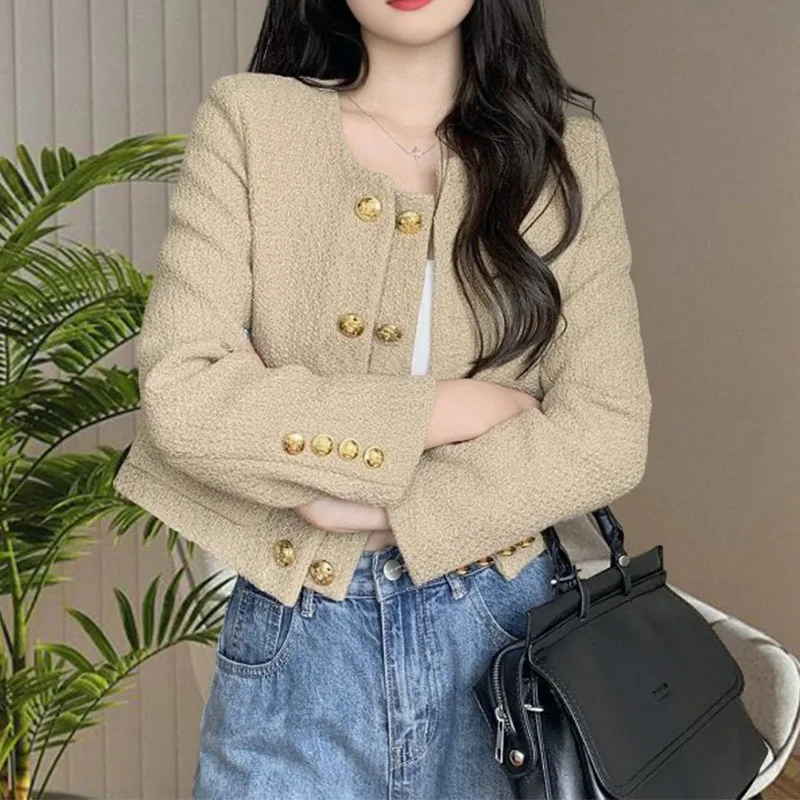 

Spring Autumn New Double Breasted Round Neck Jacket Short French Thick Flower Versatile Top