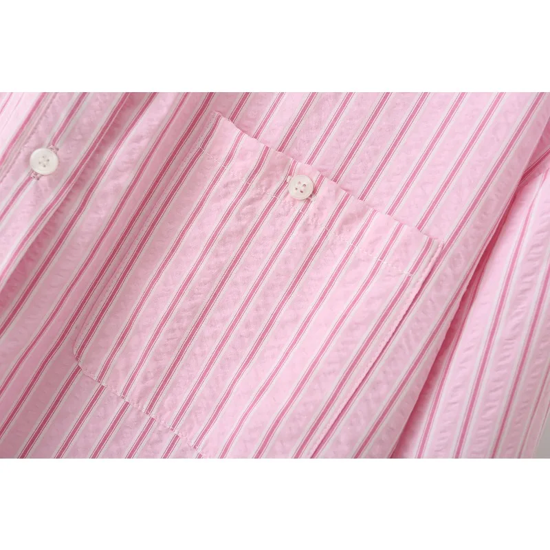 قميص نسائي مخطط وردي بأكمام طويلة فضفاض مناسب للعمل المكتبي ملابس يومية غير رسمية للربيع والصيف بلوزة مريحة