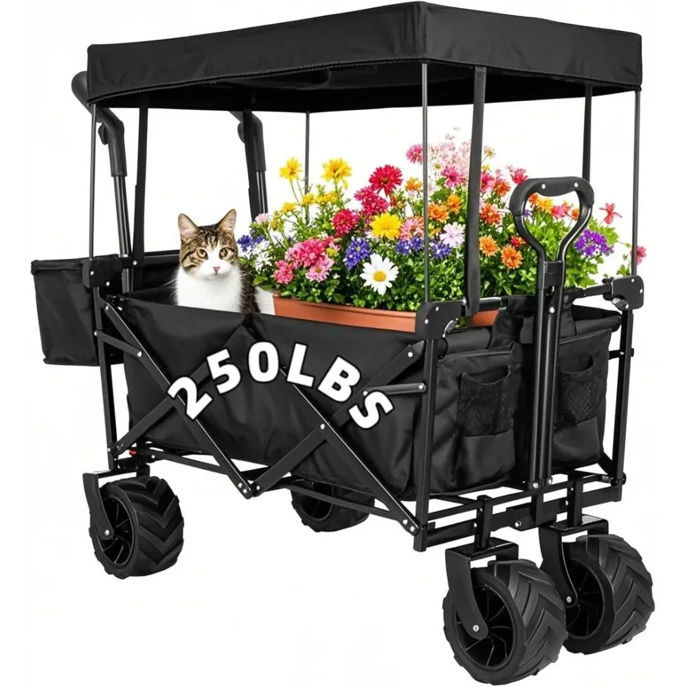 

extra large collapsible wagon w/removable canopy, 250lbs/262l capacity foldable garden cart w/rear storage, heavy duty push&pul