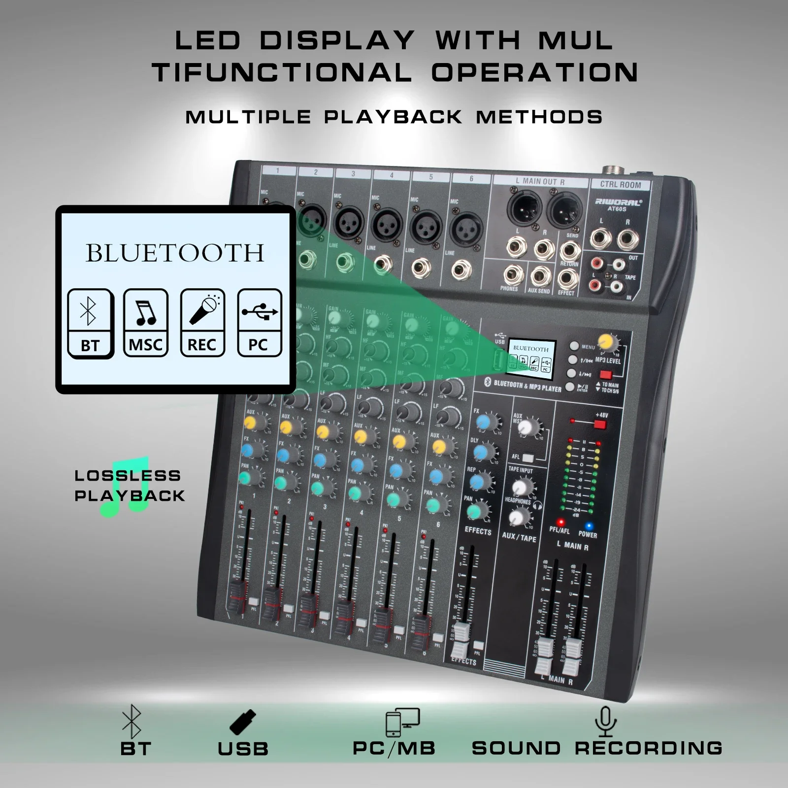 AT120S 12-Channel Wireless Audio Mixer DJ Equipment Console with USB Sound Board for Professional