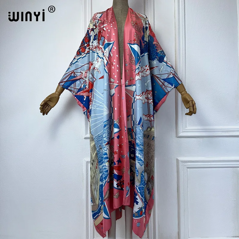 WINYI Africa fashion Beach cover up Boho flower print Cover Up Cardigan elegant Holiday Kimono beach outfits women kaftan dress