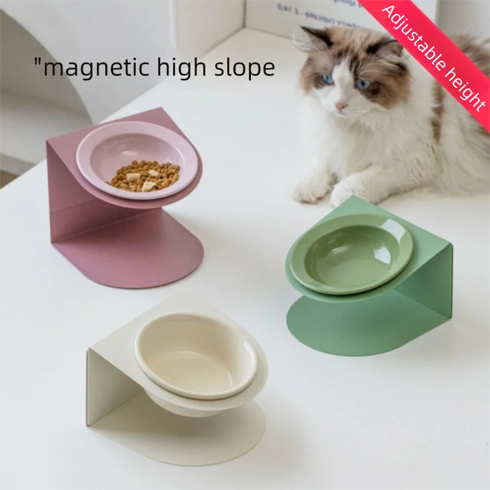 

Anti Vomiting Ceramic Cat Bowl Inclined with Magnetic Adjustable Height Stand Elevated Cat Water Bowl Stable Anti Overturning
