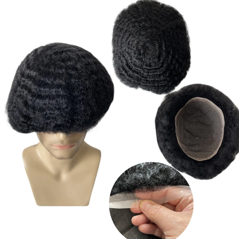 Toupee encaracolado do cabelo humano para homens negros, perucas afro-americanas, laço cheio, cabelo humano, sistema de substituição, 10mm, 8x10