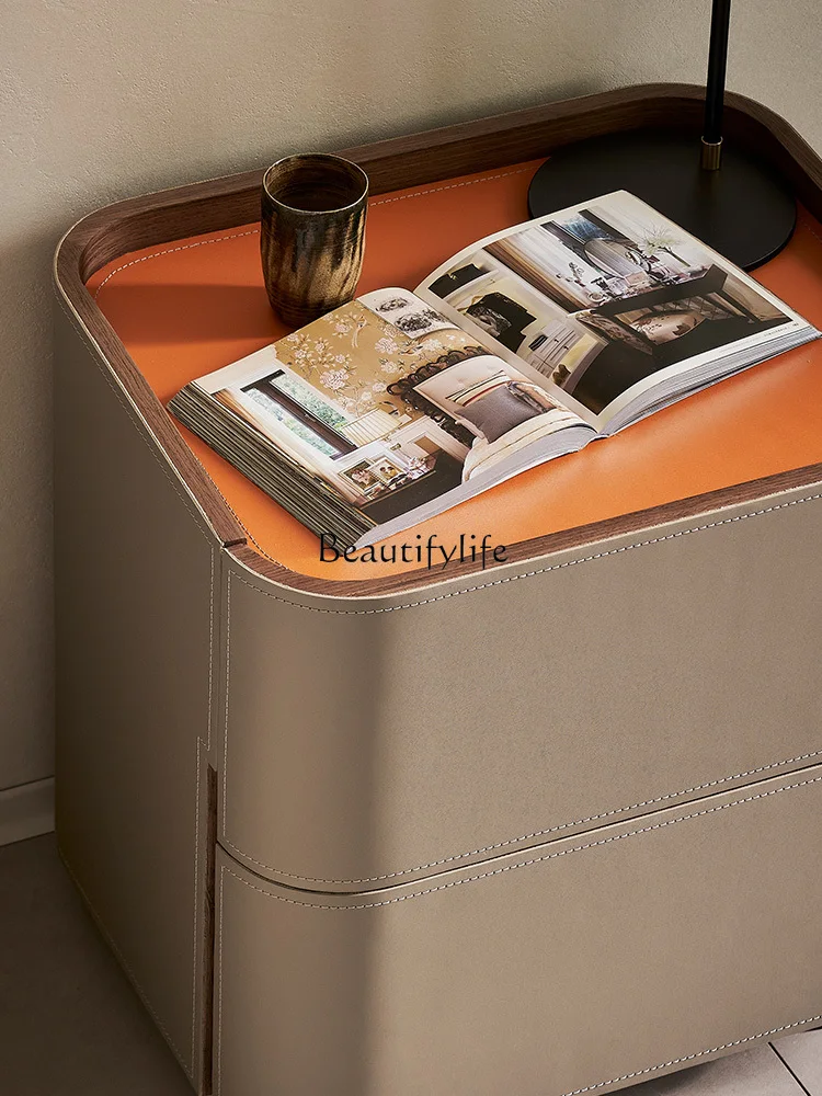 Minimalist saddle leather bedside table modern household small apartment multi-functional solid wood