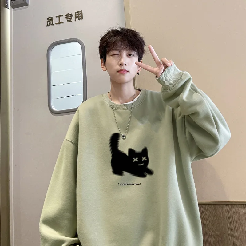 

Crew Neck Sweater Men Autumn and Winter Fleece Thickened American Heavy Long-sleeved T-shirt Trendy Brand Loose Boys on Clothes