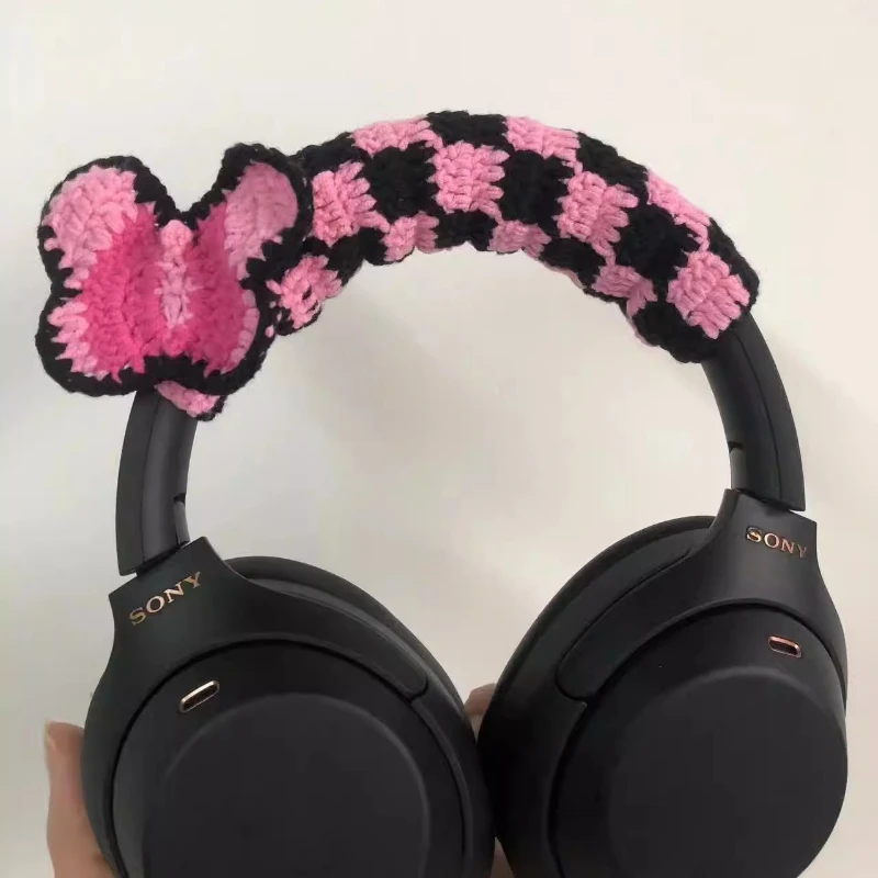 Hand Crocheted Headphone Crossbeam Protective Cover for Sony XM4/XM5 Custom Button-type Chess Grid Butterfly Headphone Cover view 4