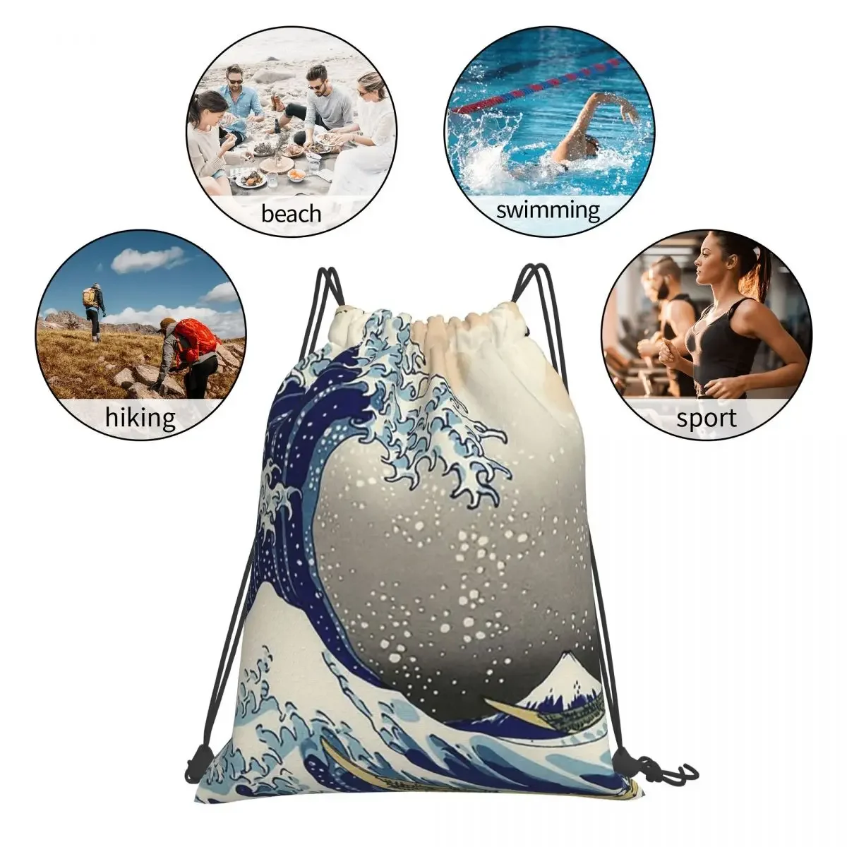 'The Great Wave Off Kanagawa' By Katsushika Hokusai Backpacks Drawstring Bags Drawstring Bundle Pocket Sports Bag BookBag