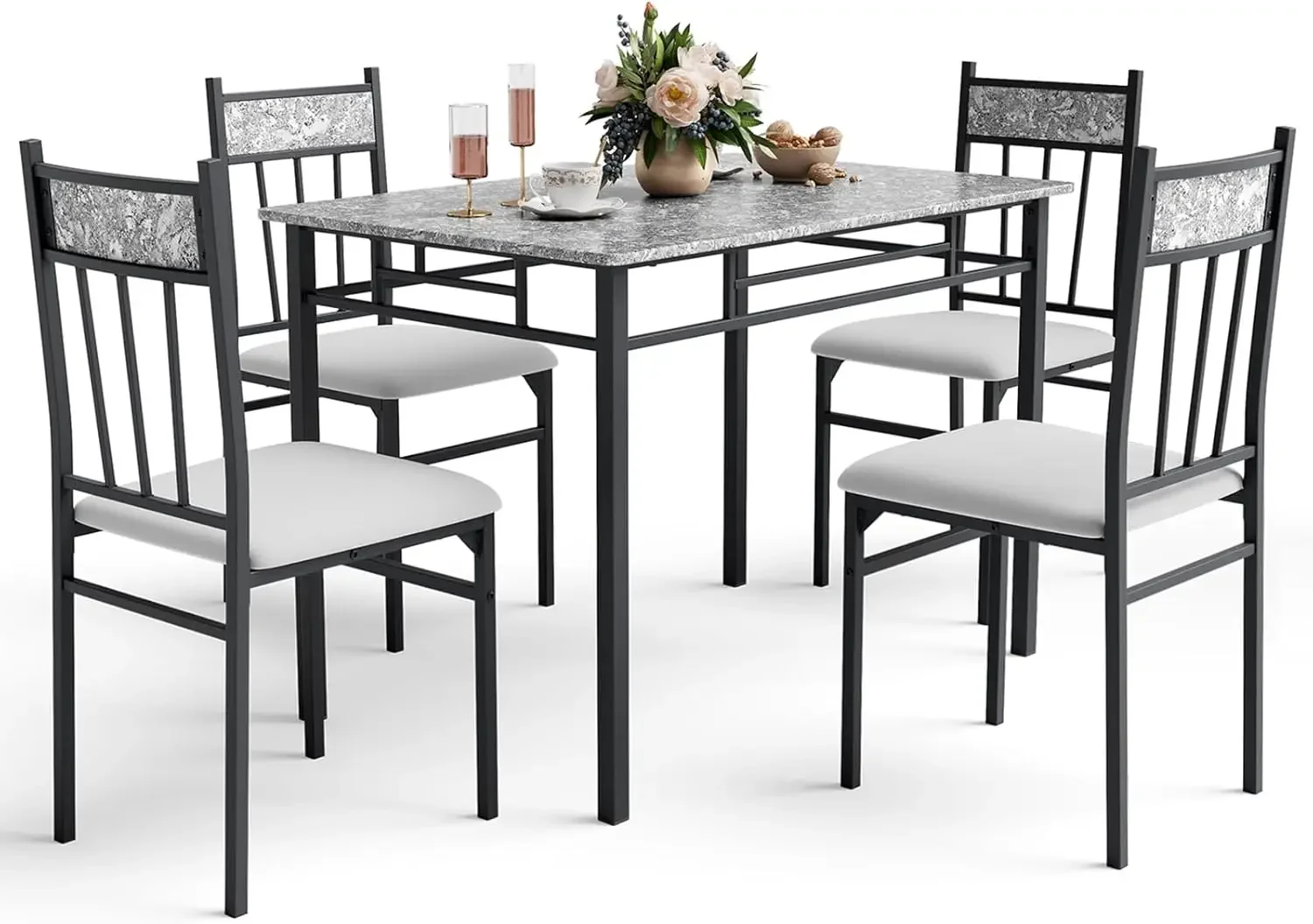 5 Piece Dining Table Set for 4, Faux Marble Kitchen Table and Chairs Set of 4, Modern Rectangular Dining Room Table with Upholst